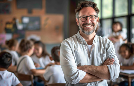 Friendly male teacher stands confidently, arms crossed, with engaged students working at desks in classroomの素材
