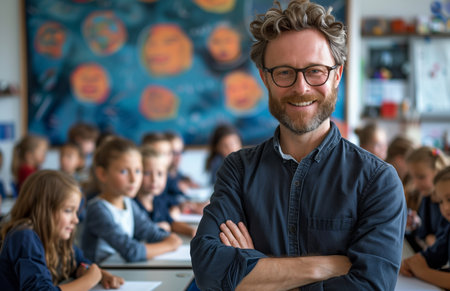 Friendly male teacher stands confidently, arms crossed, with engaged students working at desks in classroomの素材