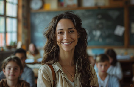 Smiling female teacher holding a file stands as students sit at desks in a classroomの素材
