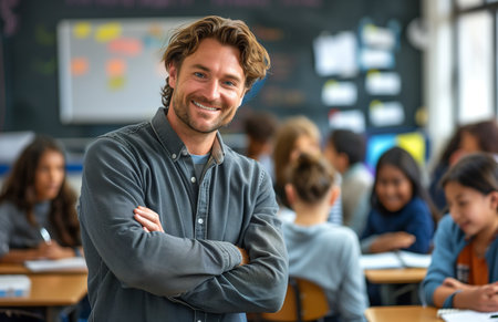 Friendly male teacher stands confidently, arms crossed, with engaged students working at desks in classroomの素材
