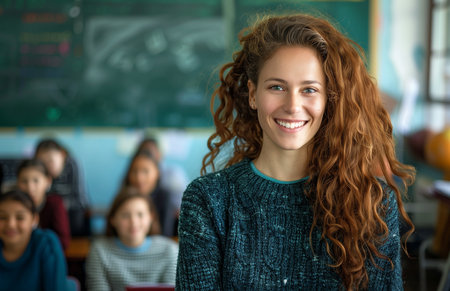 Smiling female teacher holding a file stands as students sit at desks in a classroomの素材