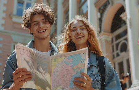 Young couple exploring the city, using map and travel guidebook, planning sightseeing and enjoying their vacationの素材