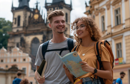 Young couple exploring the city, using map and travel guidebook, planning sightseeing and enjoying their vacationの素材
