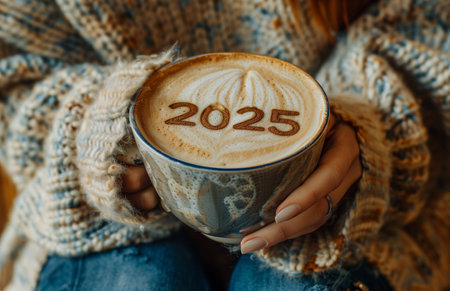 A cup of cappuccino with 2025 written in foam, hand holding it close up, top viewの素材