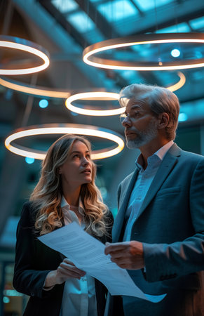 Businessman and businesswoman standing in a modern office, holding documents, and engaging in a conversationの素材