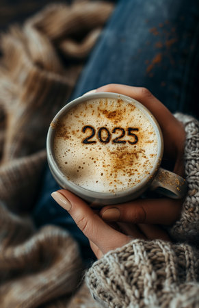 A cup of cappuccino with 2025 written in foam, hand holding it close up, top viewの素材