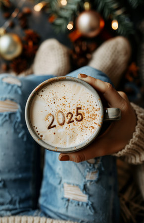 A cup of cappuccino with 2025 written in foam, hand holding it close up, top viewの素材