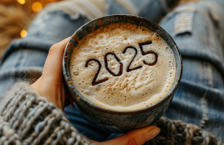 A cup of cappuccino with 2025 written in foam, hand holding it close up, top viewの素材