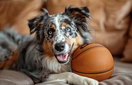 Adorable Australian Shepherd playing with a basketball in the cozy living room of a homeの素材