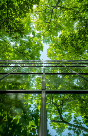 Green glass building reflecting forest, showcasing an eco-friendly architecture conceptの素材