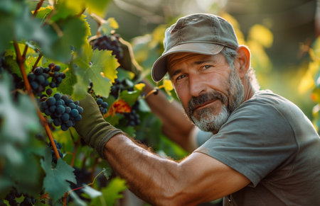 Middle aged man works in vineyard, plucking grape leaves gently, wearing hat and gloves, focused on taskの素材