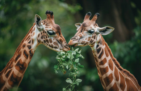 Giraffe eating leaves from the top, head tilted back and mouth open to eatの素材