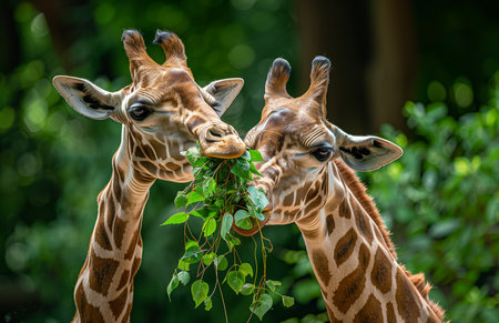 Giraffe eating leaves from the top, head tilted back and mouth open to eatの素材