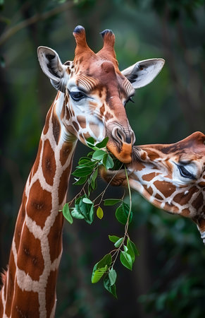 Giraffe eating leaves from the top, head tilted back and mouth open to eatの素材