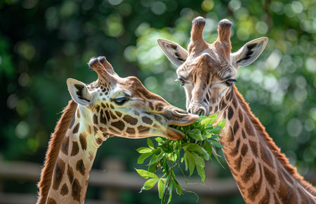 Giraffe eating leaves from the top, head tilted back and mouth open to eatの素材