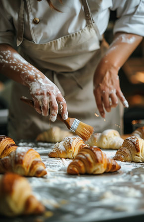 A female chef oils croissant dough with a brush, close-up of hands in a bakery kitchenの素材