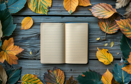 Blank notebook on autumn themed wooden background with yellow and green leavesの素材