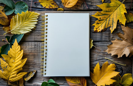 Blank notebook on autumn themed wooden background with yellow and green leavesの素材