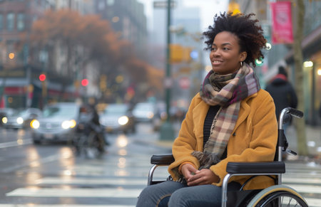 A young Black woman in a wheelchair waits at a crosswalk, poised and determinedの素材