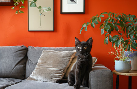 A black cat lounges on a gray sofa near a side table with decorの素材