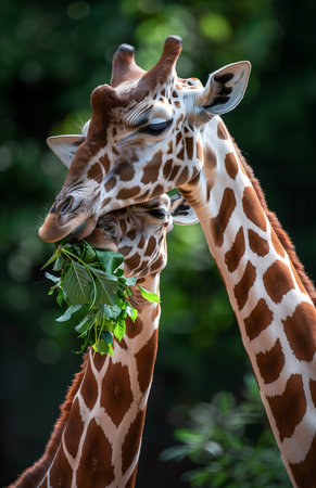 Giraffe eating leaves from the top, head tilted back and mouth open to eatの素材