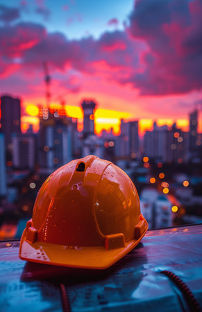 An engineer's helmet rests on a table, silhouetted against a stunning sunset sky in the backgroundの素材