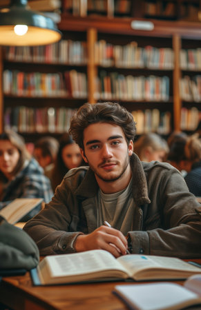 A young man studies books and takes notes at a library table, surrounded by other studying studentsの素材
