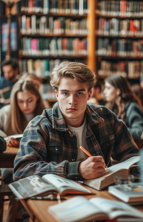 A young man studies books and takes notes at a library table, surrounded by other studying studentsの素材