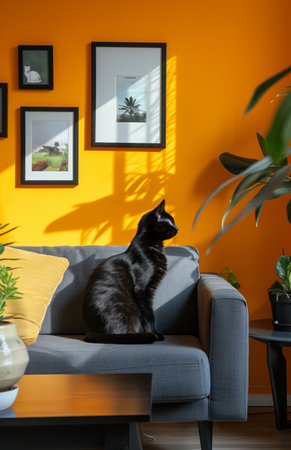 A black cat lounges on a gray sofa near a side table with decorの素材