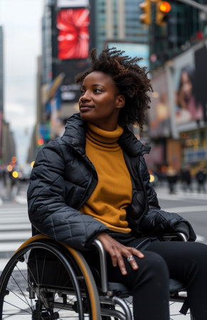 A young Black woman in a wheelchair waits at a crosswalk, poised and determinedの素材