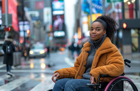 A young Black woman in a wheelchair waits at a crosswalk, poised and determinedの素材