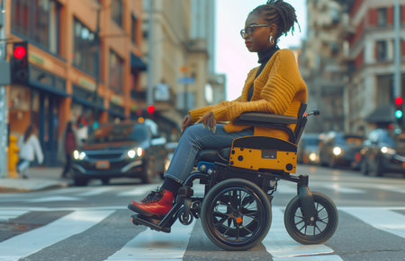 A young Black woman in a wheelchair waits at a crosswalk, poised and determinedの素材