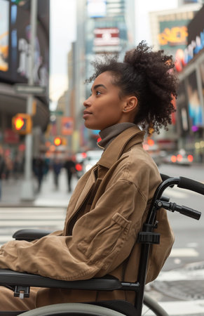 A young Black woman in a wheelchair waits at a crosswalk, poised and determinedの素材