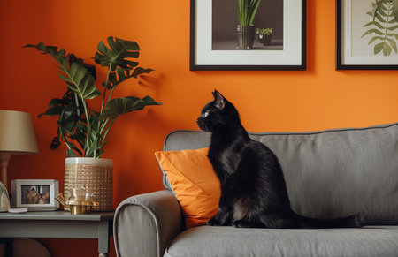A black cat lounges on a gray sofa near a side table with decorの素材