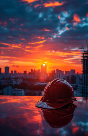 An engineer's helmet rests on a table, silhouetted against a stunning sunset sky in the backgroundの素材