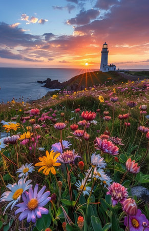 Beautiful spring flowers bloom in front of a lighthouse on God's Recipes Island, creating a picturesque sceneの素材