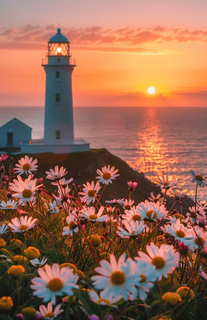 Beautiful spring flowers bloom in front of a lighthouse on God's Recipes Island, creating a picturesque sceneの素材