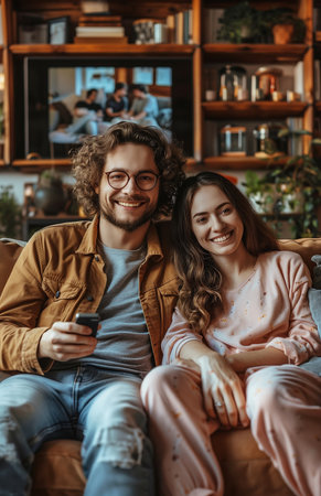 A joyful couple on a sofa at home, holding a remote, watching television togetherの素材