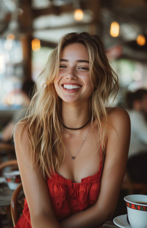 A blonde woman in a red dress smiles while seated at a coffee tableの素材