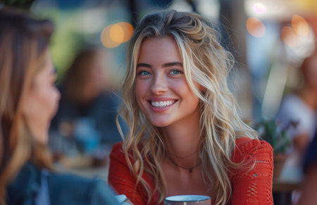 A blonde woman in a red dress smiles while seated at a coffee tableの素材