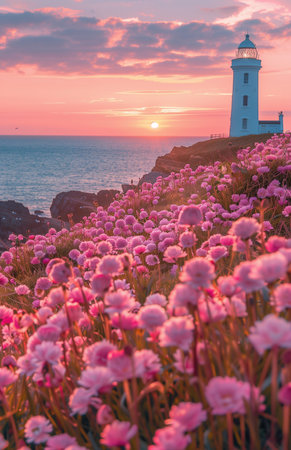Beautiful spring flowers bloom in front of a lighthouse on God's Recipes Island, creating a picturesque sceneの素材