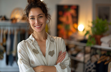 fashion stylish designer smiling confidently in her studio, arms crossed, showcasing her designsの素材