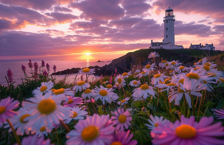Beautiful spring flowers bloom in front of a lighthouse on God's Recipes Island, creating a picturesque sceneの素材