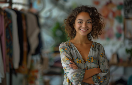fashion stylish designer smiling confidently in her studio, arms crossed, showcasing her designsの素材