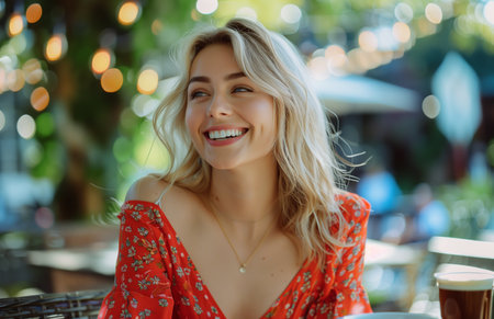 A blonde woman in a red dress smiles while seated at a coffee tableの素材