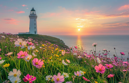 Beautiful spring flowers bloom in front of a lighthouse on God's Recipes Island, creating a picturesque sceneの素材