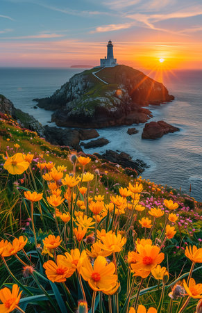 Beautiful spring flowers bloom in front of a lighthouse on God's Recipes Island, creating a picturesque sceneの素材