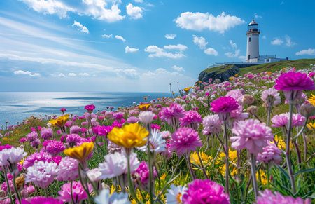 Beautiful spring flowers bloom in front of a lighthouse on God's Recipes Island, creating a picturesque sceneの素材