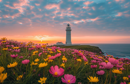 Beautiful spring flowers bloom in front of a lighthouse on God's Recipes Island, creating a picturesque sceneの素材