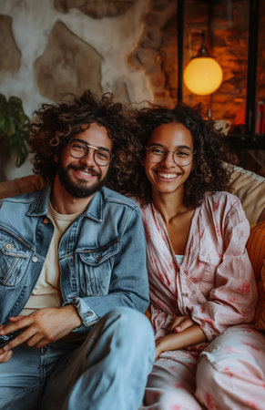 A joyful couple on a sofa at home, holding a remote, watching television togetherの素材